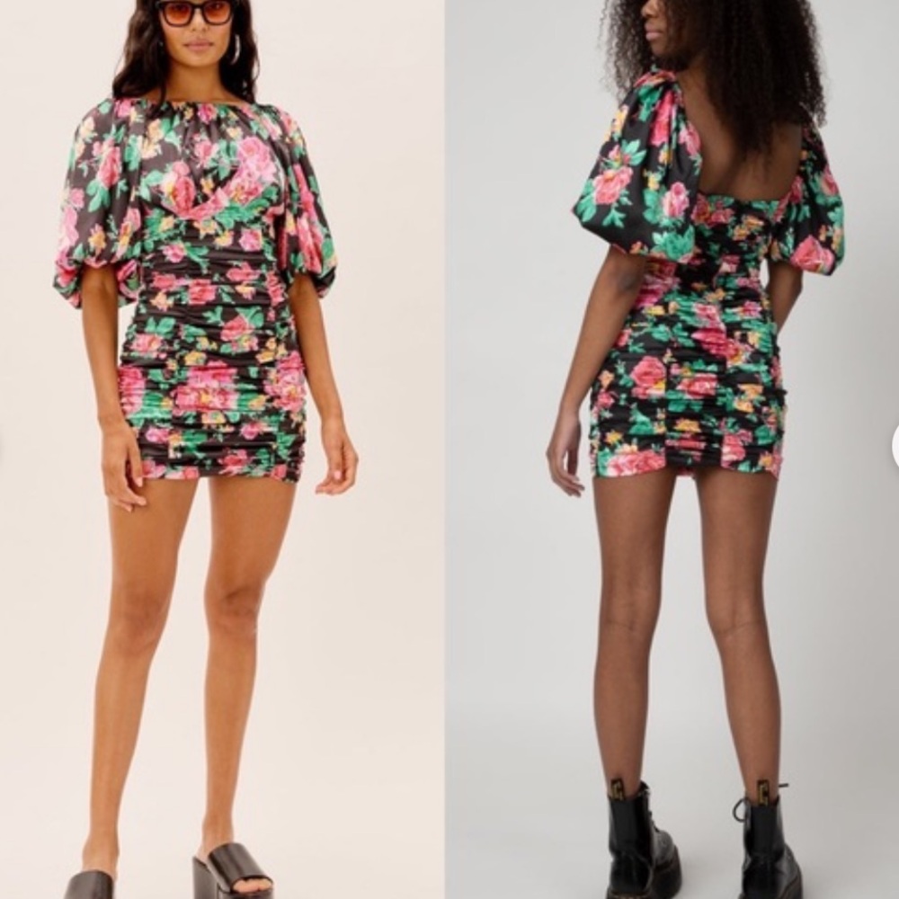 Floral Puff-Sleeve Mini Dress in Black and Pink